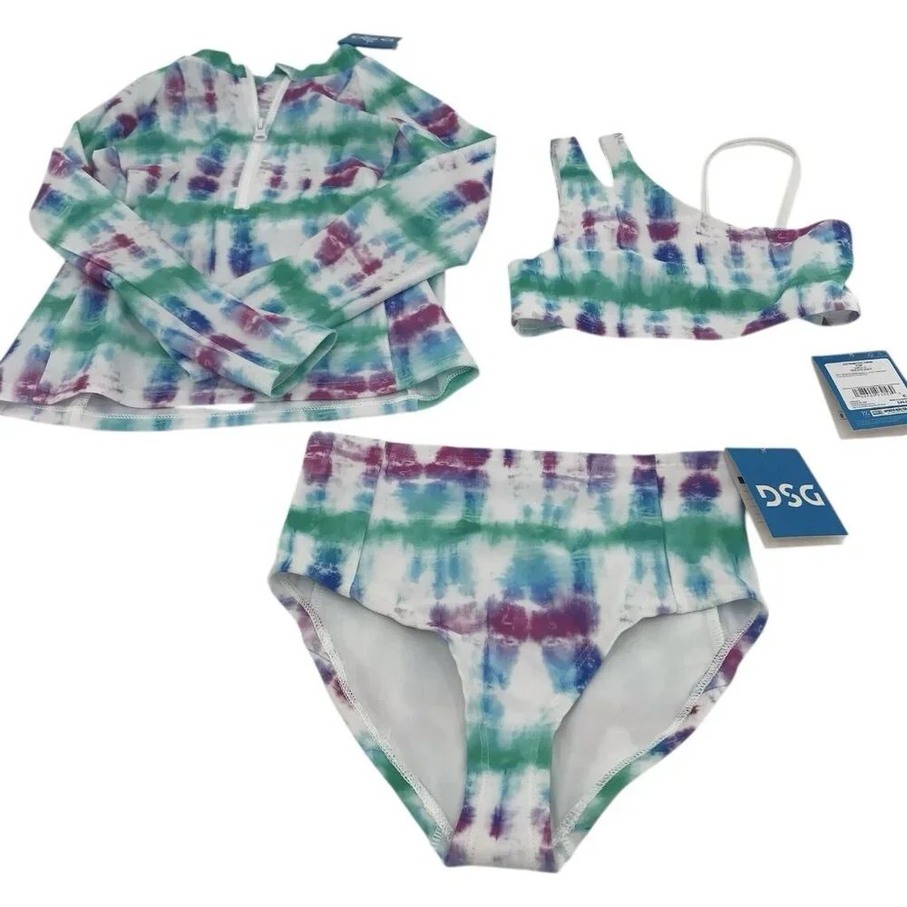DSG Bikini And Rash guard Girls Size Small‎ Swim Tie Dye Purple Blue Green Set